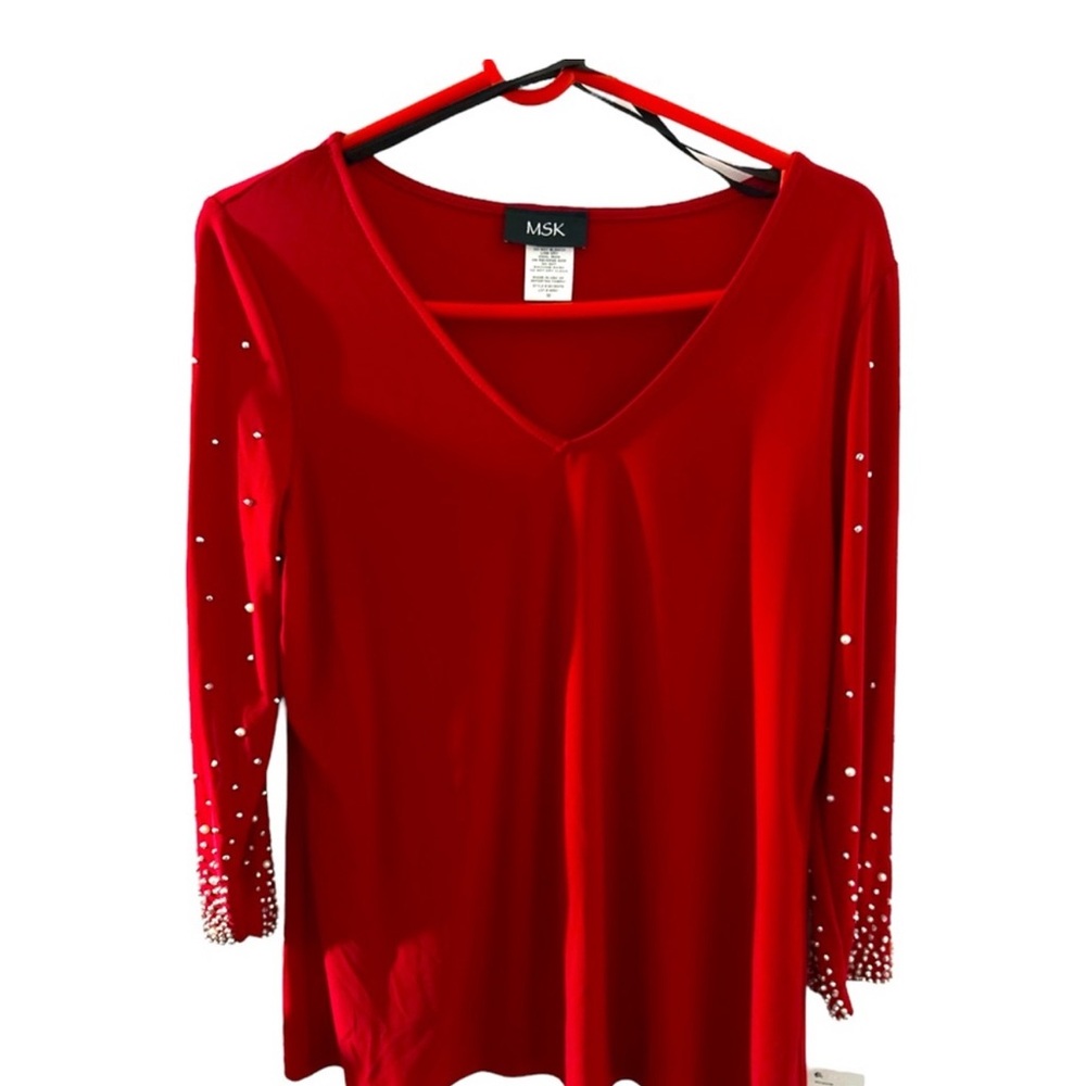 NWT MSK Red V-Neck Blouse With Embellished Beads/Pearl Sleeves Women’s Sz Medium - Picture 2 of 11